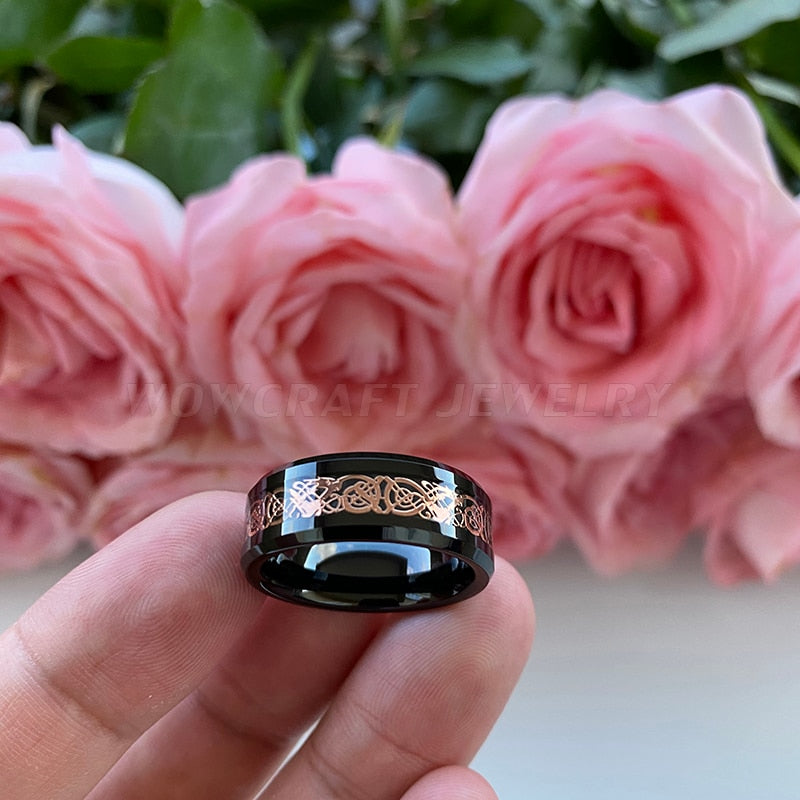 8mm Rose Gold Dragon inlay Black Tungsten Men's Ring - Promise Rings