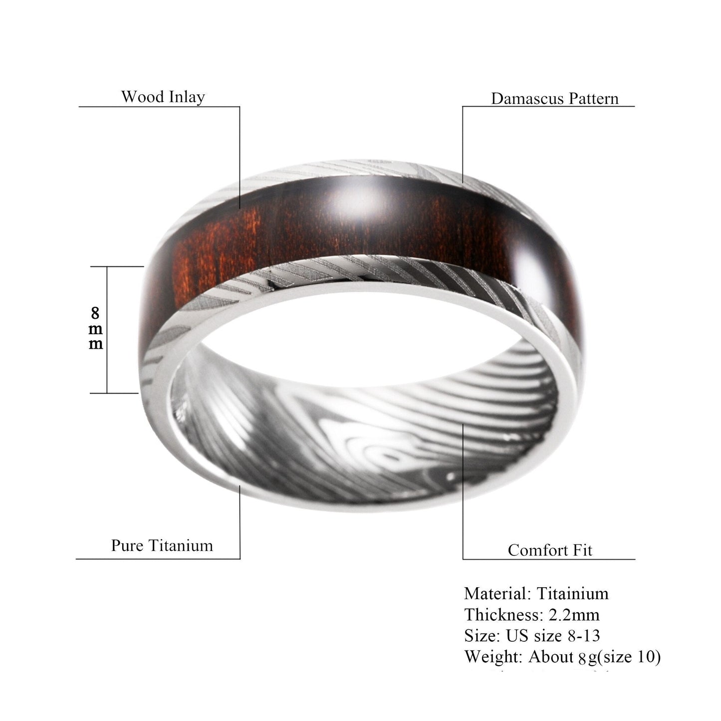 8mm Rose Wood Inlay Damascus Pattern Titanium Men's Ring - Promise Rings