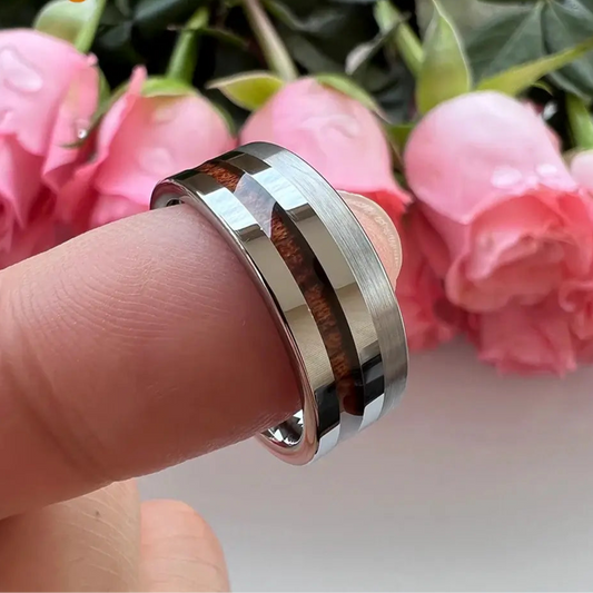 8mm Silver Tungsten Rosewood Inlay Ring – Natural Wood Accent with Comfort Fit (Men’s) - Promise Rings