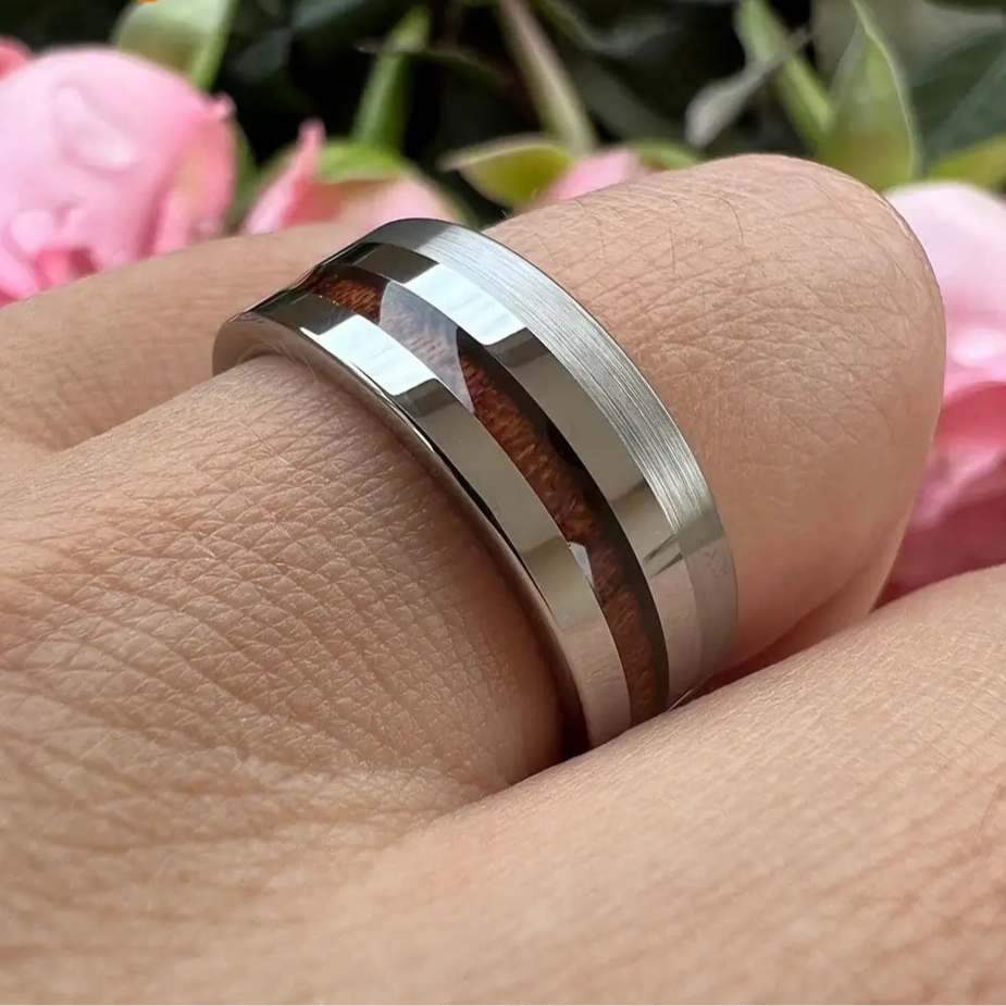 8mm Silver Tungsten Rosewood Inlay Ring – Natural Wood Accent with Comfort Fit (Men’s) - Promise Rings