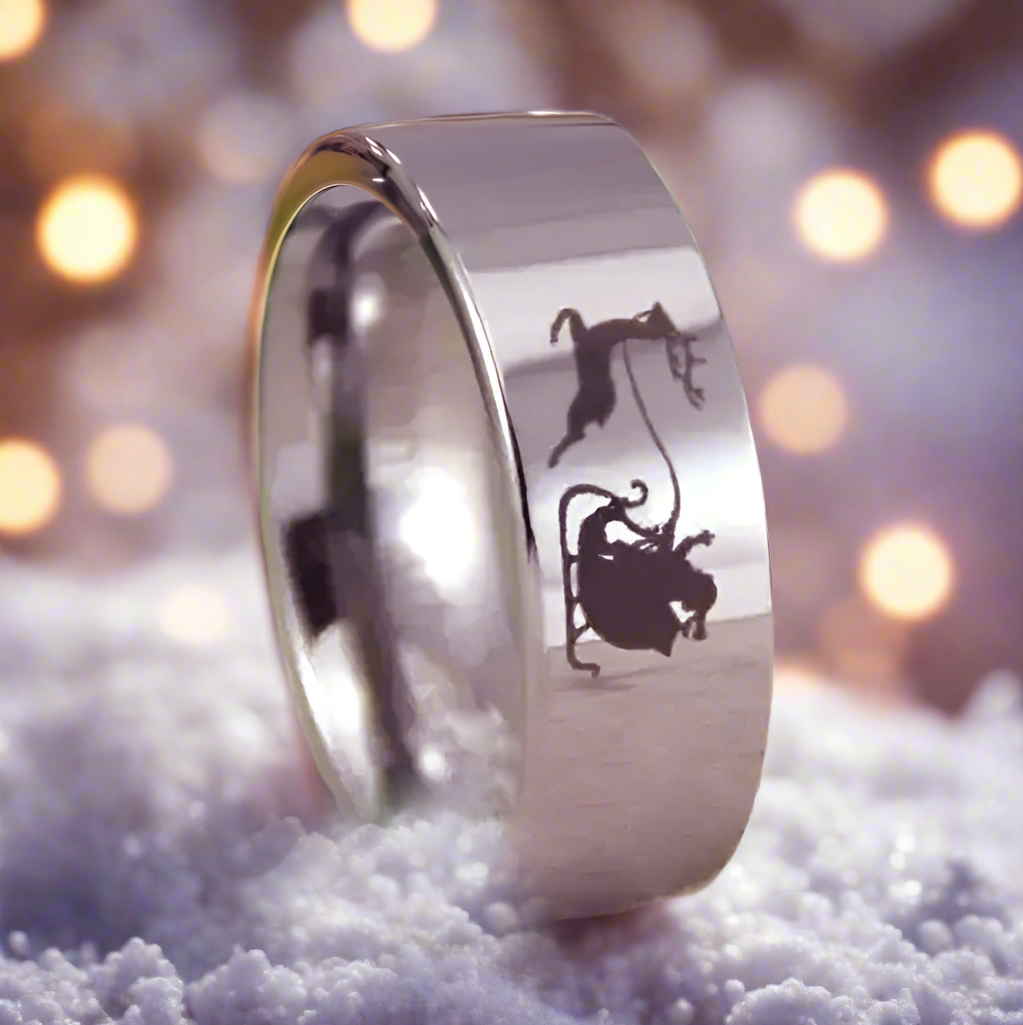 8mm Silver Tungsten Santa Claus Reindeer Sleigh Christmas Ring – Festive Spirit & Joy (Unisex) - Promise Rings