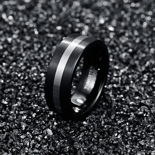 8mm Black Tungsten Ring – Brushed Silver Center Band Design (Men’s) - Promise Rings