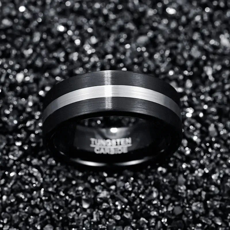 8mm Black Tungsten Ring – Brushed Silver Center Band Design (Men’s) - Promise Rings