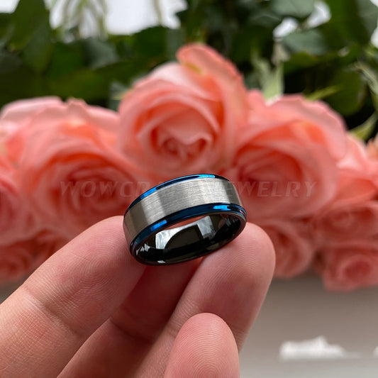 8mm Tungsten Brushed Silver Ring – Black Interior with Blue Edges (Men’s) - Promise Rings