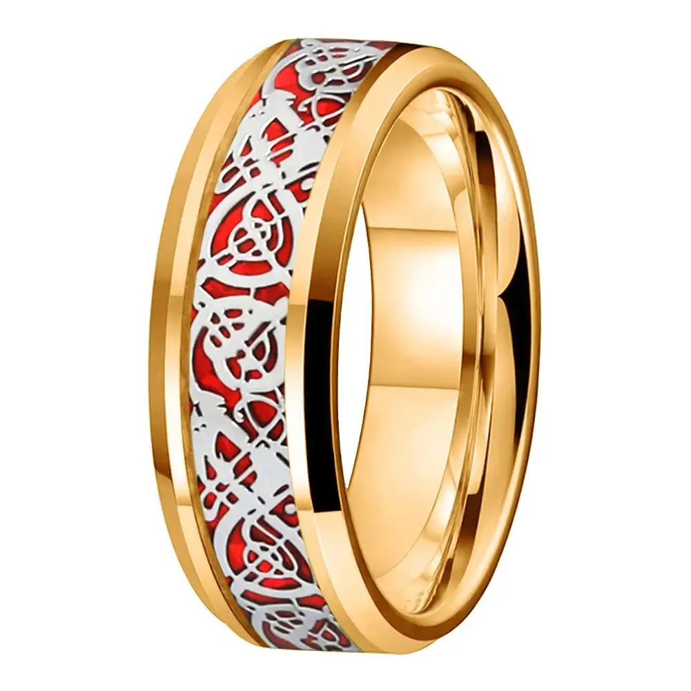 8mm Silver Dragon Red Carbon Fibre Tungsten Ring – Bold Symbolism for Men - Promise Rings