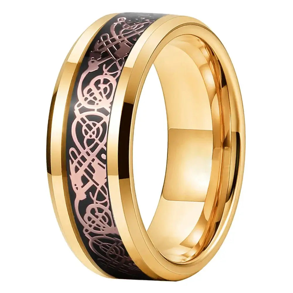 8mm Polished Gold Tungsten Red Dragon Carbon Fibre Ring – Celtic Inspired Design (Men’s) - Promise Rings