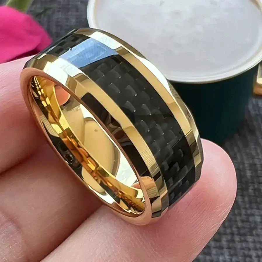8mm Tungsten Black Carbon Fiber Polished Gold Ring – Modern Masculine Style (Men’s) - Promise Rings