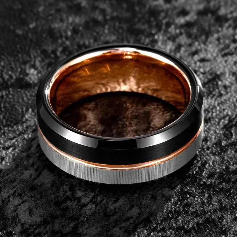 8mm Tungsten Two Tone Black and Silver Ring – Rose Gold Groove Accent (Men’s) - Promise Rings