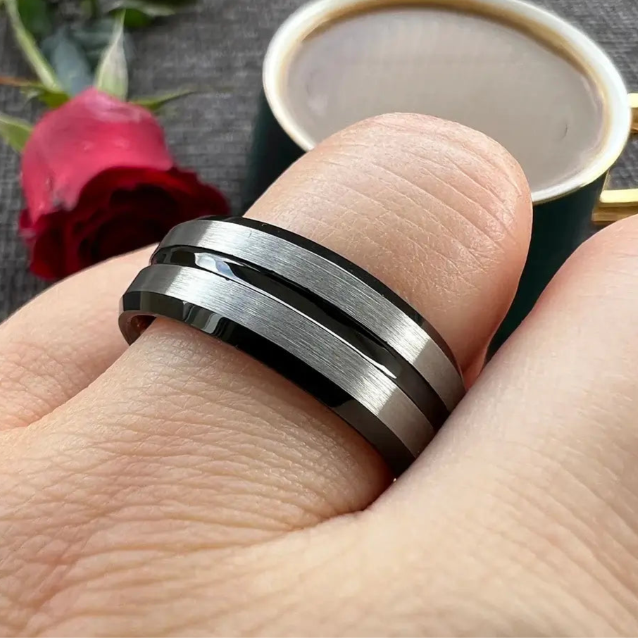 8mm Tungsten Two Tone Matte Finish Ring – Black & Silver or Rose Gold Contrast (Men’s) - Promise Rings