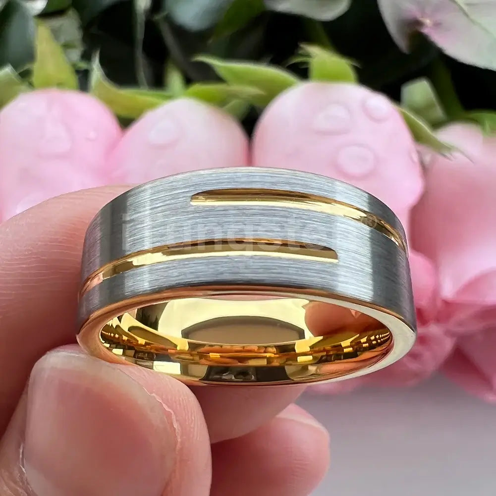 8mm Double Grooved Brushed Gold & Silver Tungsten Ring – Modern Style & Timeless Strength (Men’s) - Promise Rings