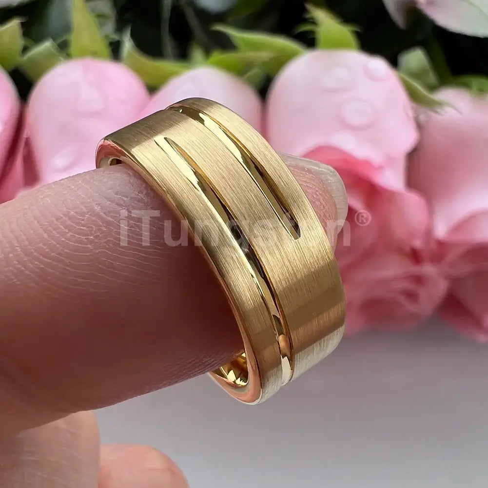 8mm Double Grooved Brushed Gold Tungsten Ring – Classic Elegance & Strength (Men’s) - Promise Rings
