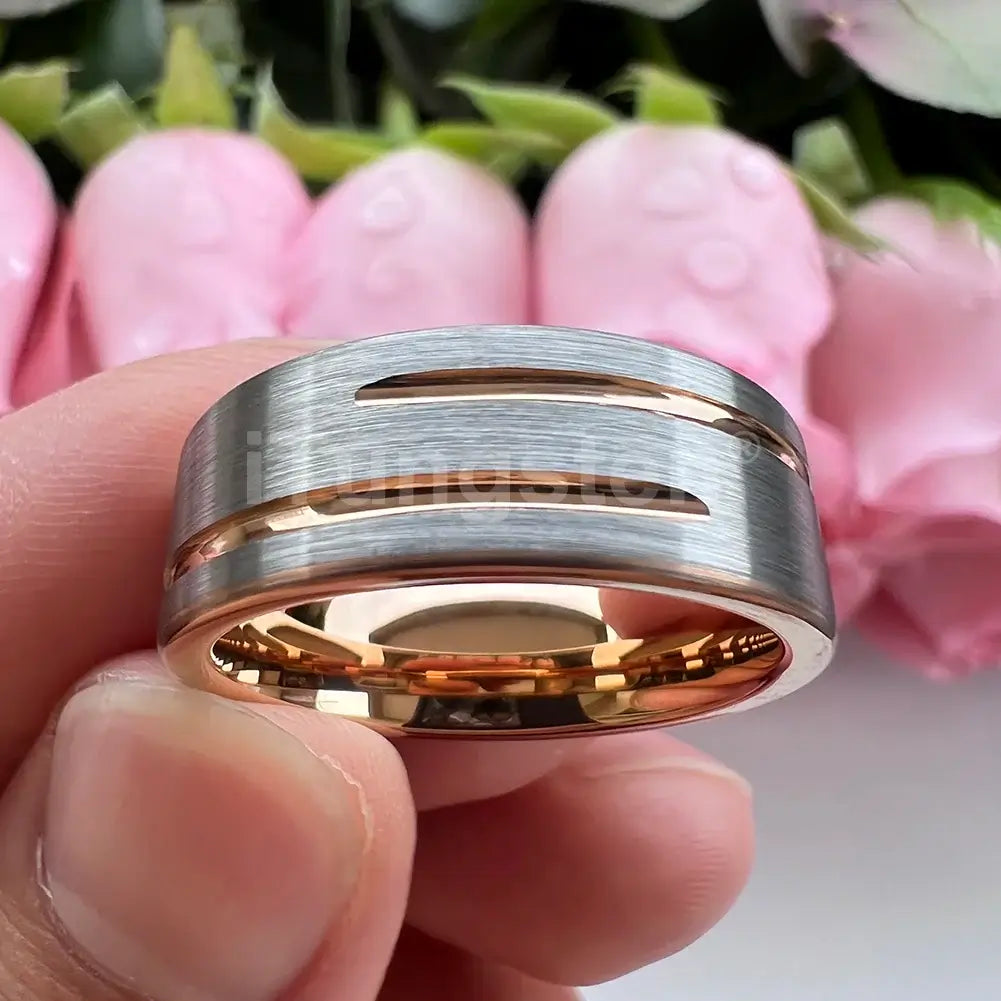 8mm Double Grooved Brushed Silver & Rose Gold Tungsten Ring – Modern Masculine Elegance (Men’s) - Promise Rings