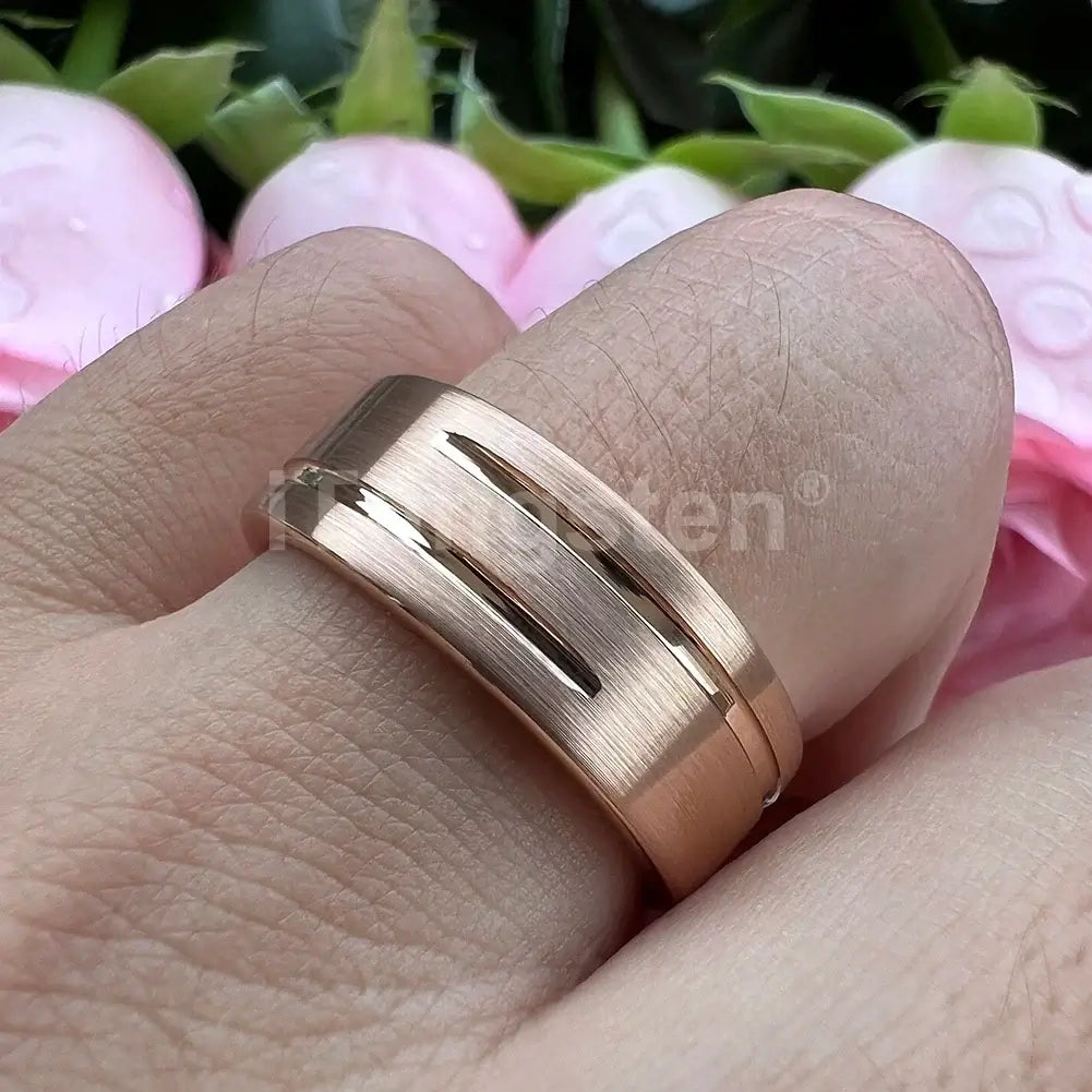 8mm Unique Double Grooved Brushed Rose Gold Tungsten Ring – Modern Statement (Men’s) - Promise Rings
