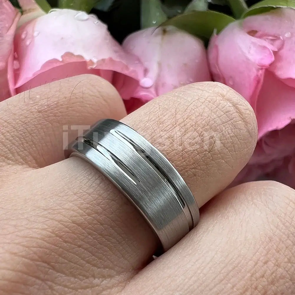 8mm Unique Double Grooved Brushed Silver Tungsten Ring – Modern Masculine Statement (Men’s) - Promise Rings