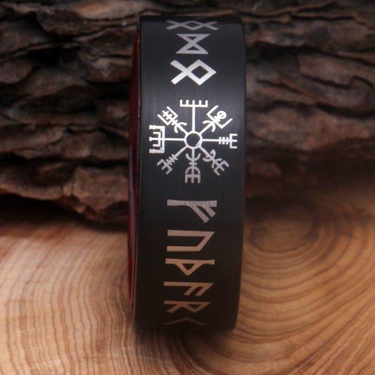 8mm Viking Compass Runic Letter Rose Wood & Black Tungsten Men's Ring - Promise Rings