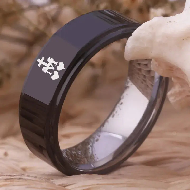 8mm Black Tungsten Virgin Mary Cross Religious Ring – Catholic Christian Faith & Devotion (Men’s) - Promise Rings