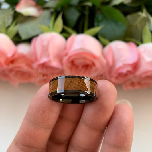8mm Whiskey Barrel Inlay Black Tungsten Men's Ring - Promise Rings