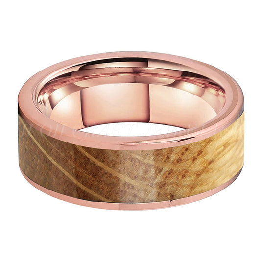 8mm Whiskey Barrel Inlay & Rose Gold Tungsten Men's Ring - Promise Rings