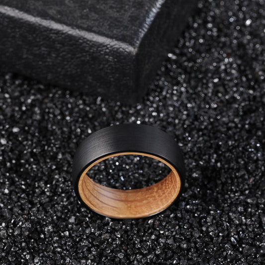 8mm Brushed Black Tungsten Ring – Whiskey Barrel Wood Interior (Men’s) - Promise Rings