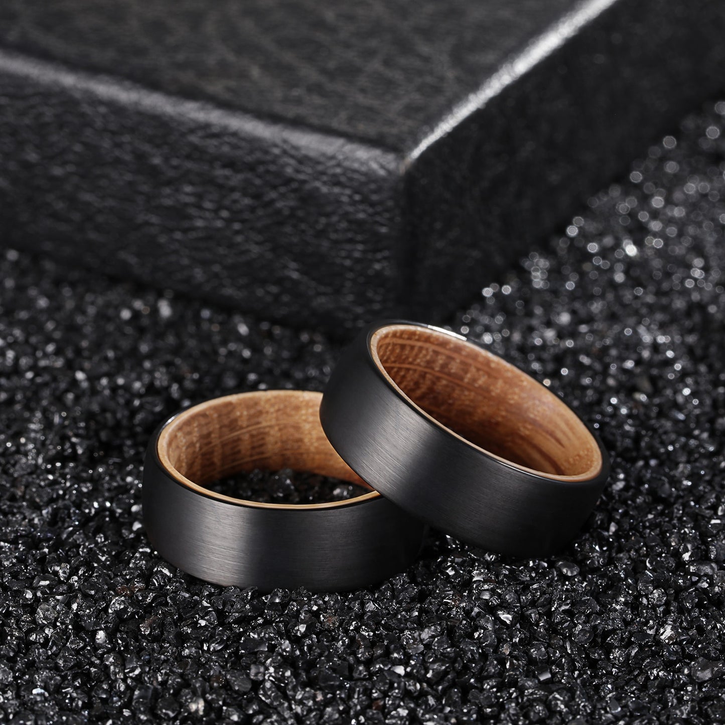8mm Brushed Black Tungsten Ring – Whiskey Barrel Wood Interior (Men’s) - Promise Rings