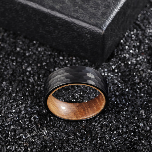 8mm Whiskey Barrel Wood & Hammered Black Tungsten Ring – Rugged Symbol of Strength (Men’s) - Promise Rings