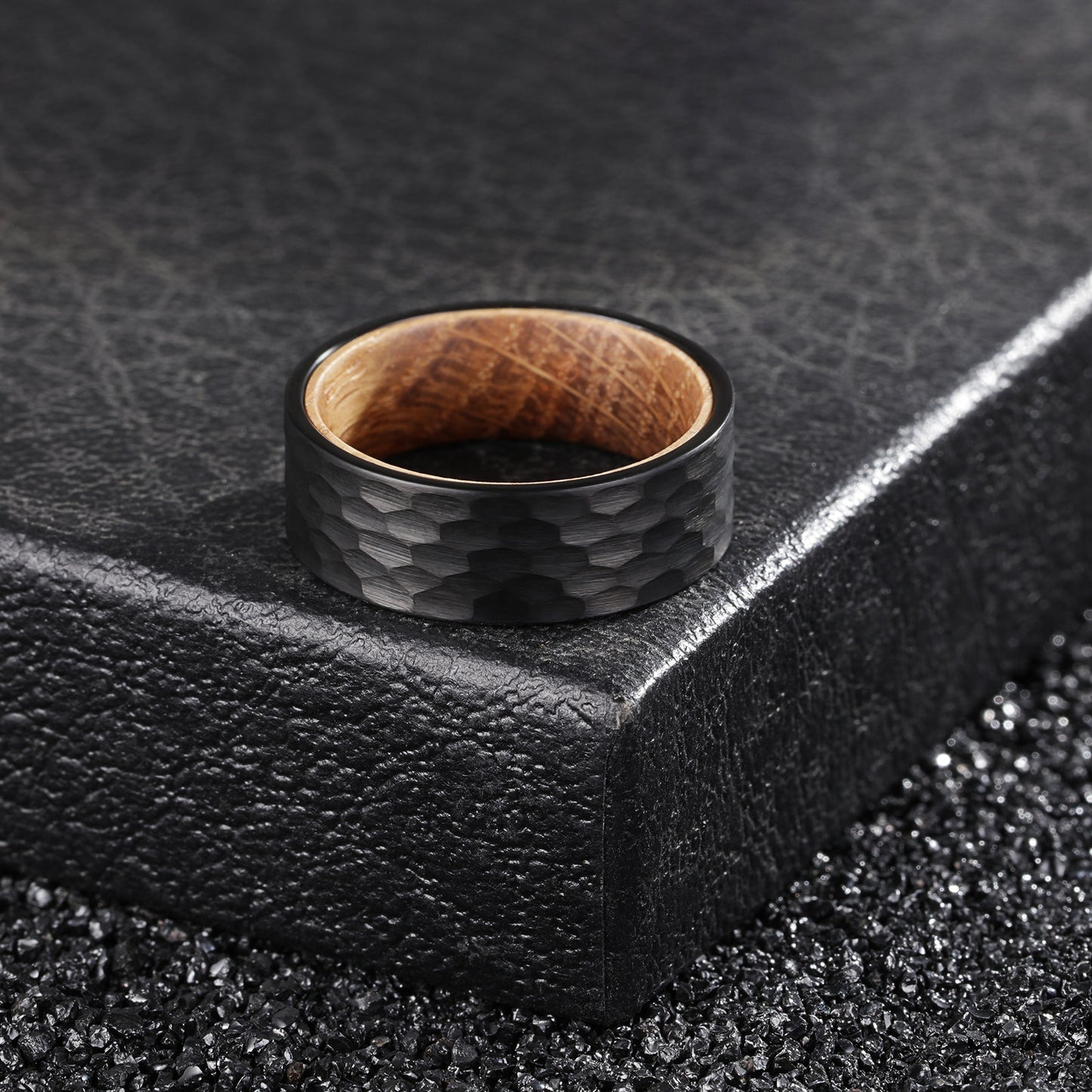 8mm Whiskey Barrel Wood & Hammered Black Tungsten Ring – Rugged Symbol of Strength (Men’s) - Promise Rings