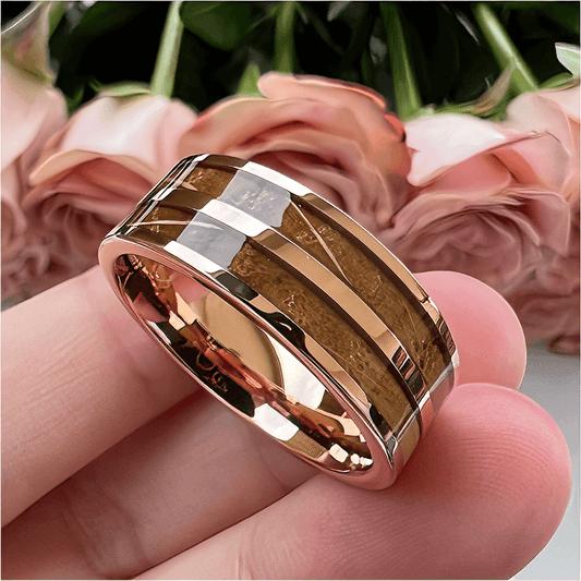 8mm Whiskey Barrel Wood Inlay Polished Tungsten Unisex Ring - Promise Rings