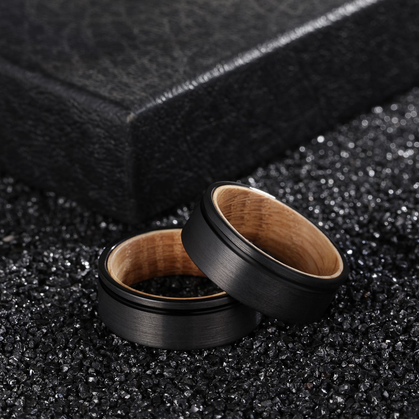 8mm Whiskey Barrel Wood & Black Tungsten Ring – Off-Centre Groove Symbolism (Men’s) - Promise Rings