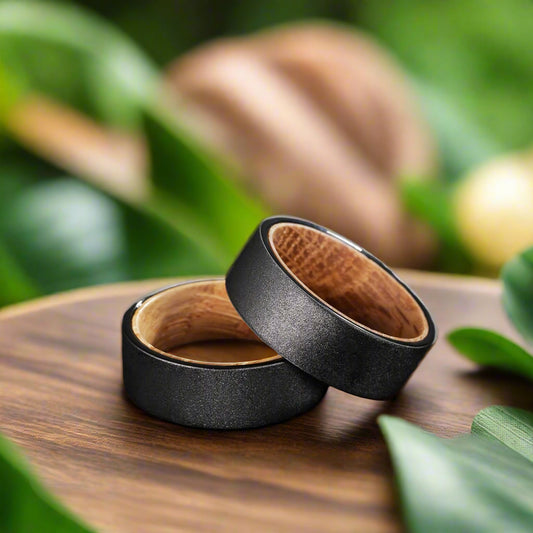 8mm Black Tungsten Ring – Sandblasted Finish with Whiskey Barrel Wood Interior (Men’s) - Promise Rings