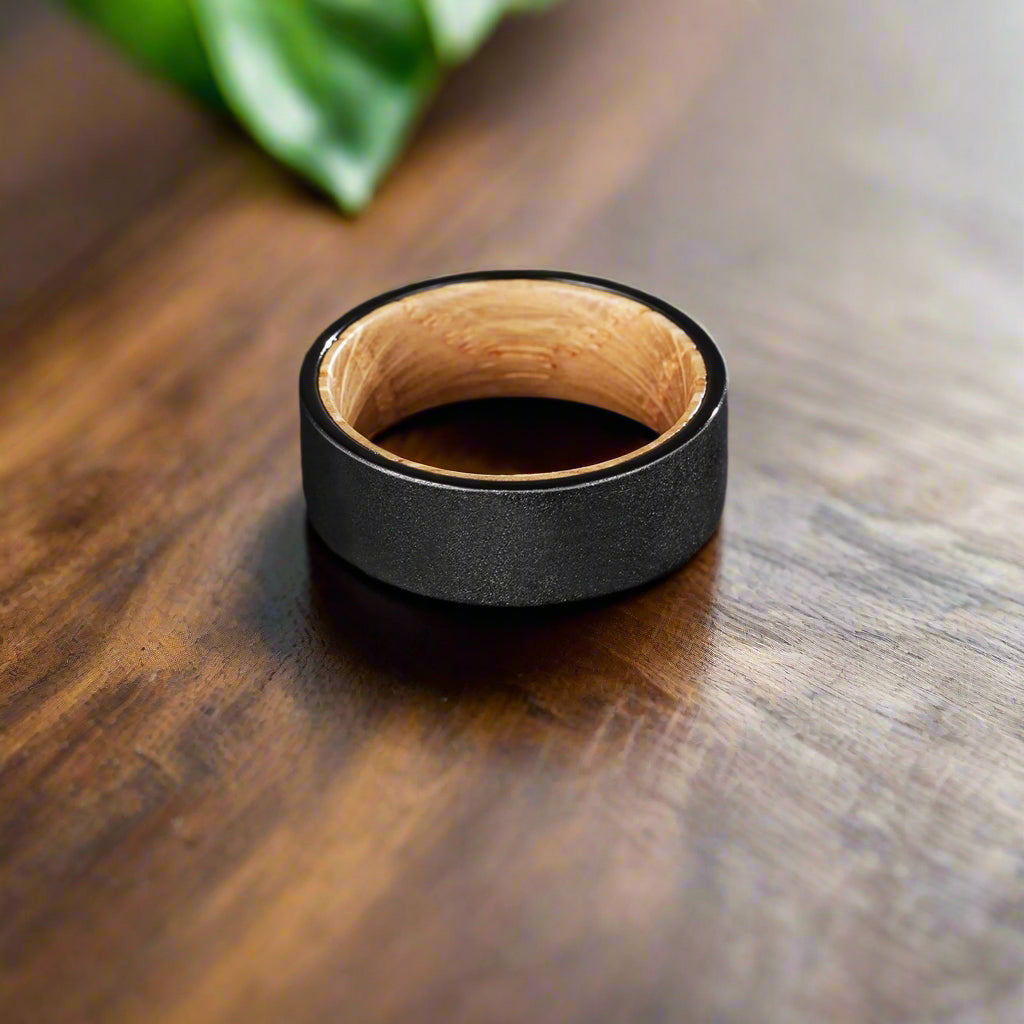 8mm Black Tungsten Ring – Sandblasted Finish with Whiskey Barrel Wood Interior (Men’s) - Promise Rings