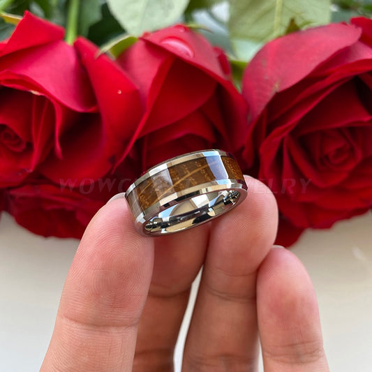 8mm Whisky Barrel Oak Wood Beveled Edges Tungsten Men's Ring - Promise Rings