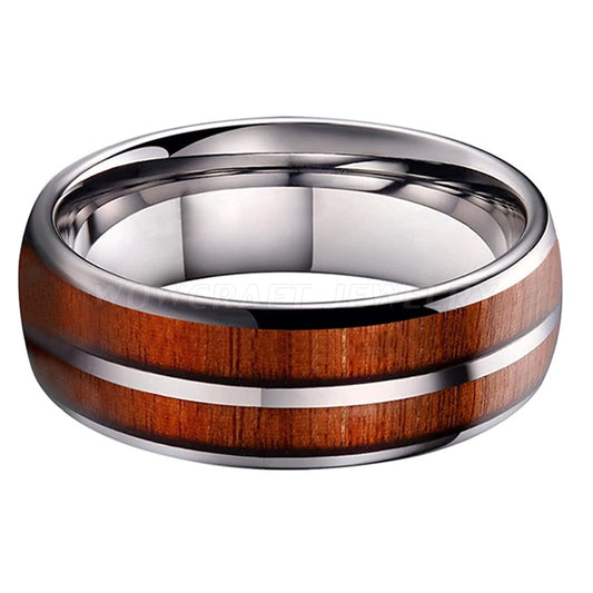 8mm Wood Inlay Comfort Fit Silver Tungsten Men's Ring - Promise Rings