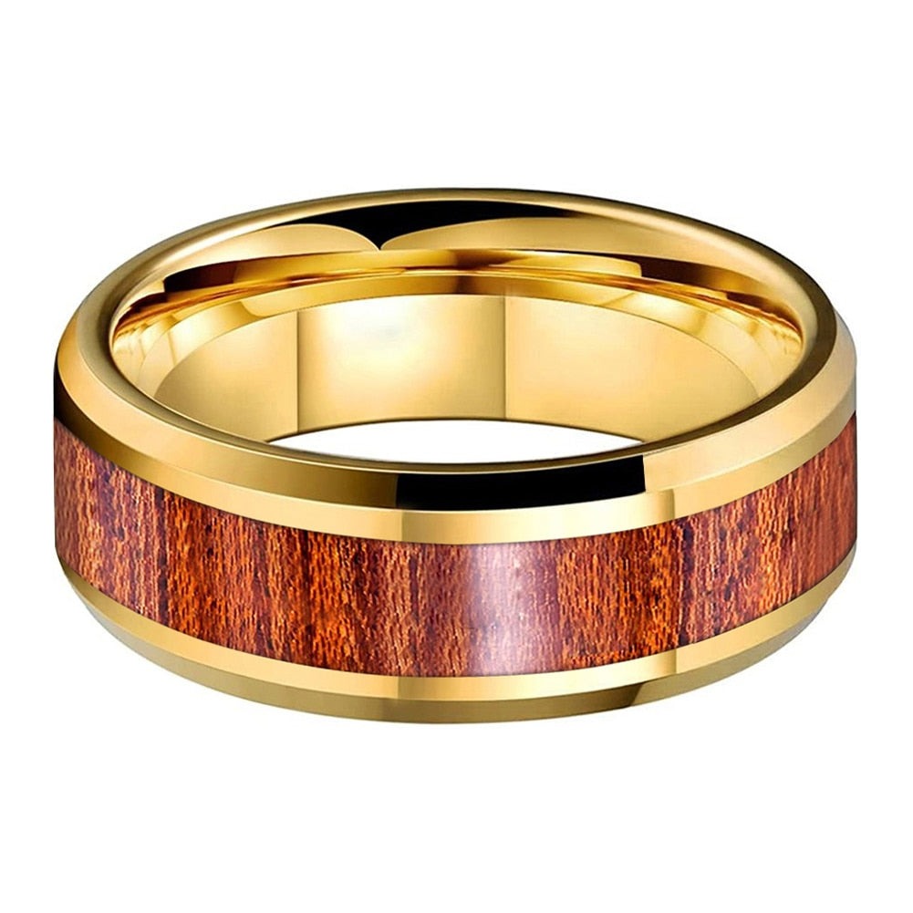 8mm Wood Inlay Gold Color Tungsten Men's Ring - Promise Rings