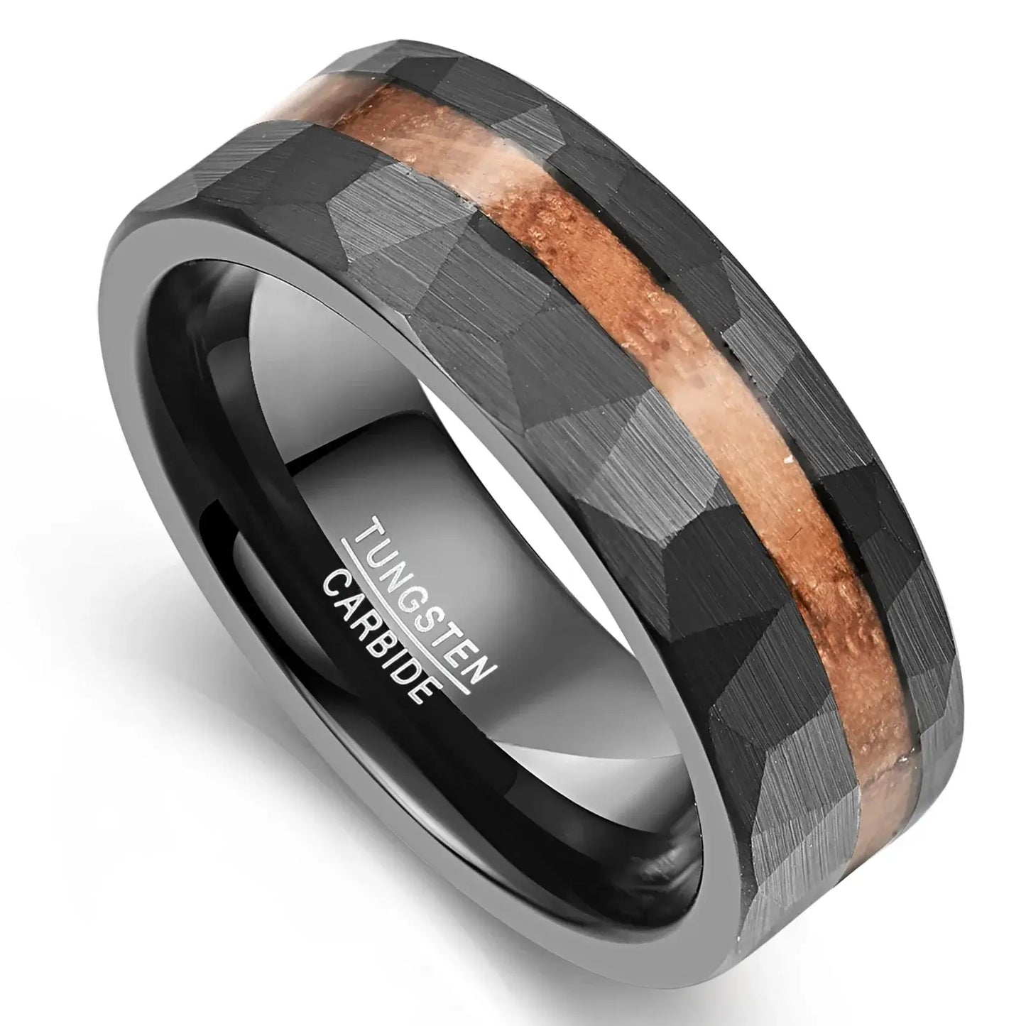 8mm Wood Inlay Hammered Black Tungsten Ring – Natural Wood Accent (Men’s) - Promise Rings