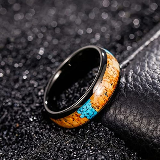 8mm Wood & Turquoise Inlay Black Tungsten Men's Rings - Promise Rings