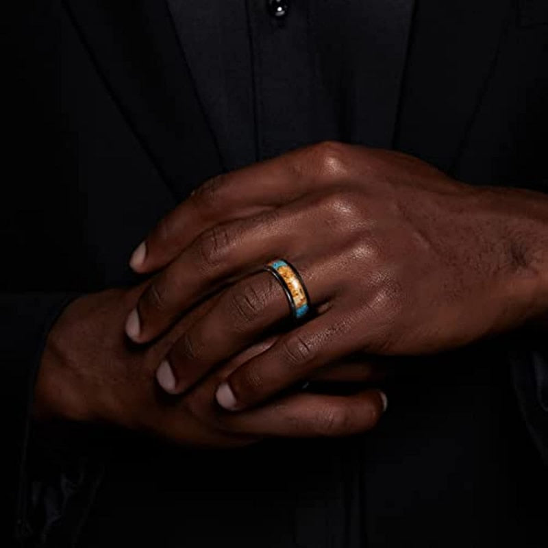 8mm Wood & Turquoise Inlay Black Tungsten Men's Rings - Promise Rings