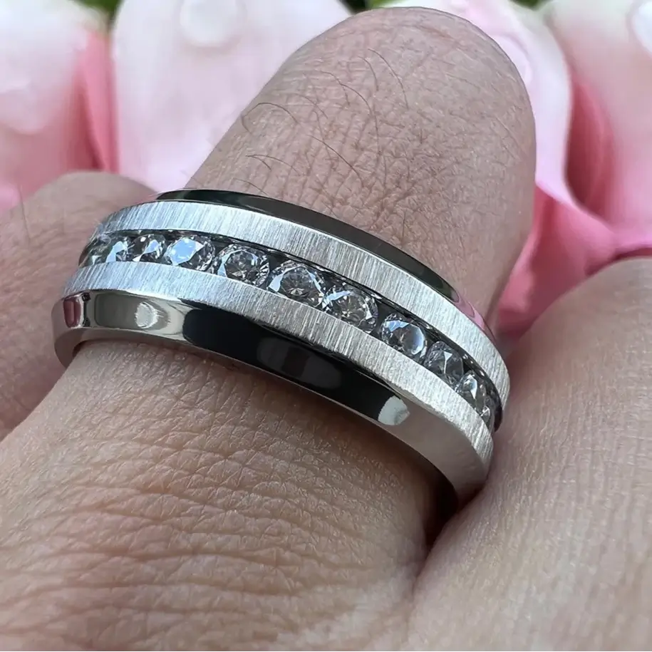 9mm Titanium Silver Eternity Ring – Clear Cubic Zirconia Inlay (Men's) - Promise Rings