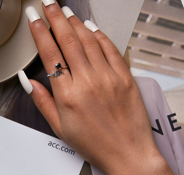 2mm Sterling Silver Dragon Wing Ring – Black Heart Symbol of Power & Fantasy (Women’s) - Promise Rings