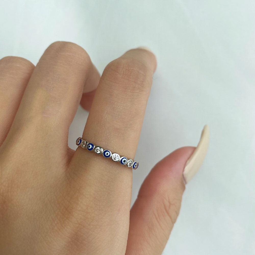 Blue Enamel Evil Eye 925 Sterling Silver Women's Ring - Promise Rings