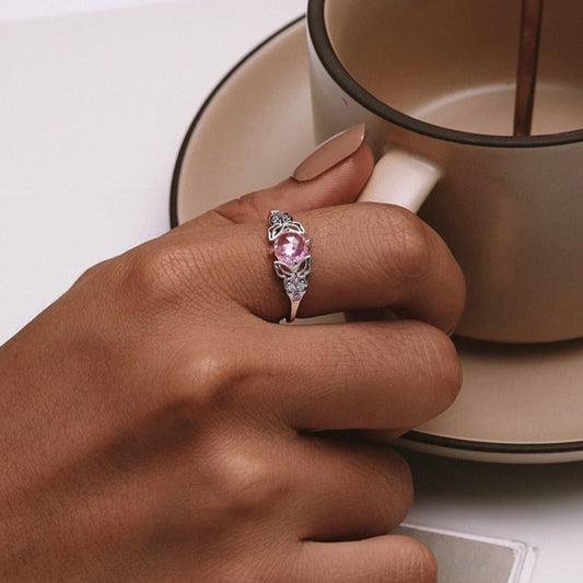 Butterflies & Pink Stone 925 Sterling Silver Pink Women's Ring - Promise Rings
