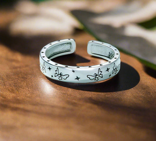 925 Sterling Silver Adjustable Ring – Butterflies or Stars Engraved Design (Women’s) - Promise Rings