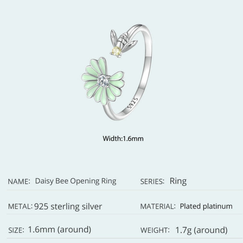 2mm Candy Green Flower & Bee Sterling Silver Ring – Springtime Joy & Nature Symbolism (Women’s) - Promise Rings
