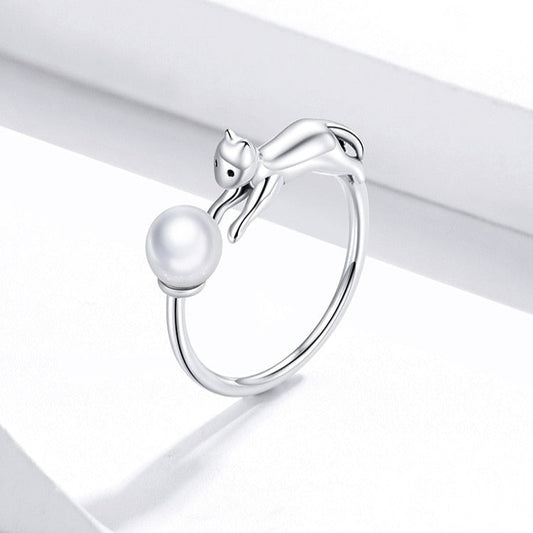 Cat Chasing Ball Pearl Shell 925 Sterling Silver Women's Ring - Promise Rings