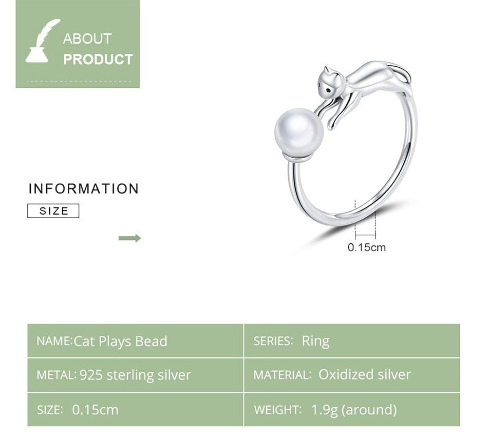Cat Chasing Ball Pearl Shell 925 Sterling Silver Women's Ring - Promise Rings