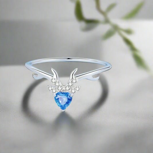 925 Sterling Silver Christmas Reindeer Ring – Blue Heart Crystal & Antler Design (Women’s) - Promise Rings