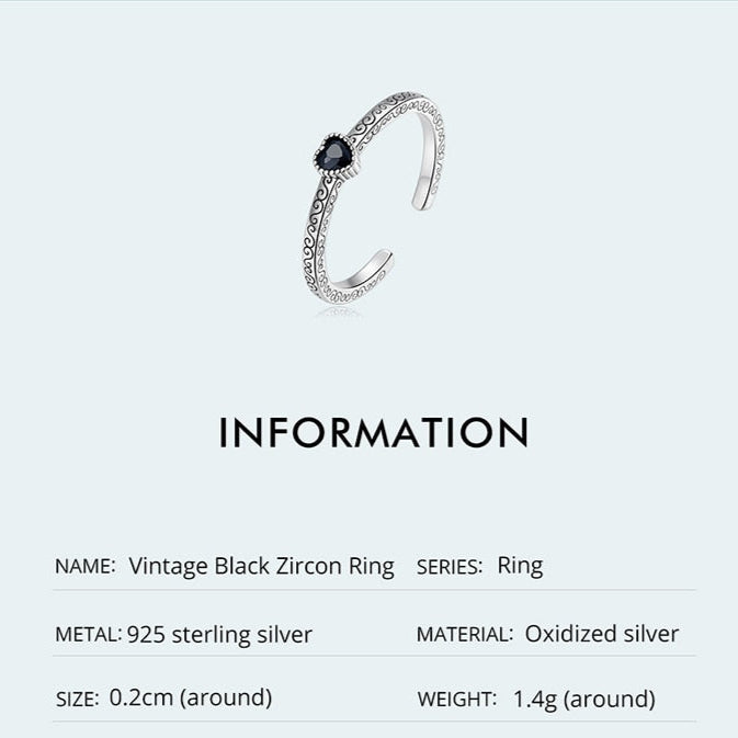 2mm Sterling Silver Vintage Ring – Black Heart Stone & Floral Engraving (Women’s) - Promise Rings