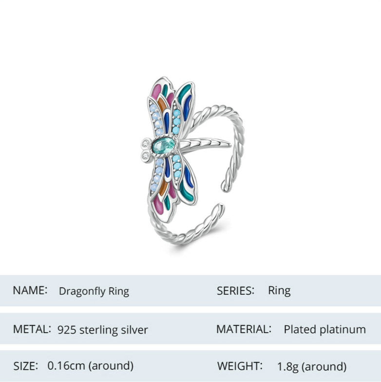 925 Sterling Silver Nature Ring – Colorful Dragonfly with Enamel Detail (Women’s) - Promise Rings