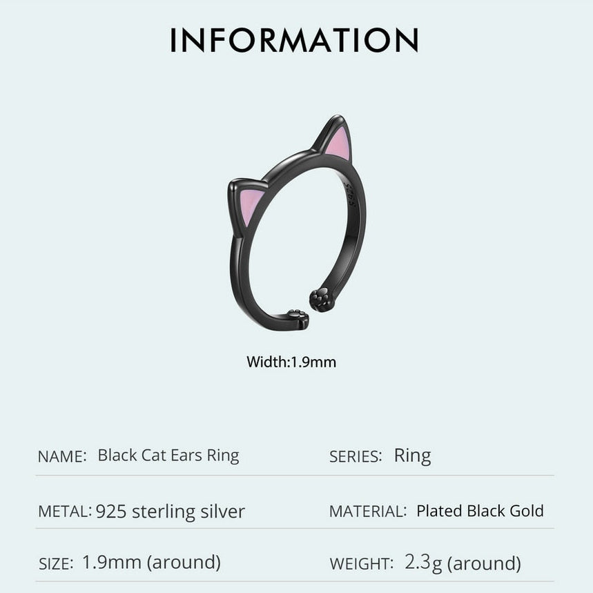 Cute Black Cat Ring with Pink Ears – 925 Sterling Silver Adjustable (Women's) - Promise Rings