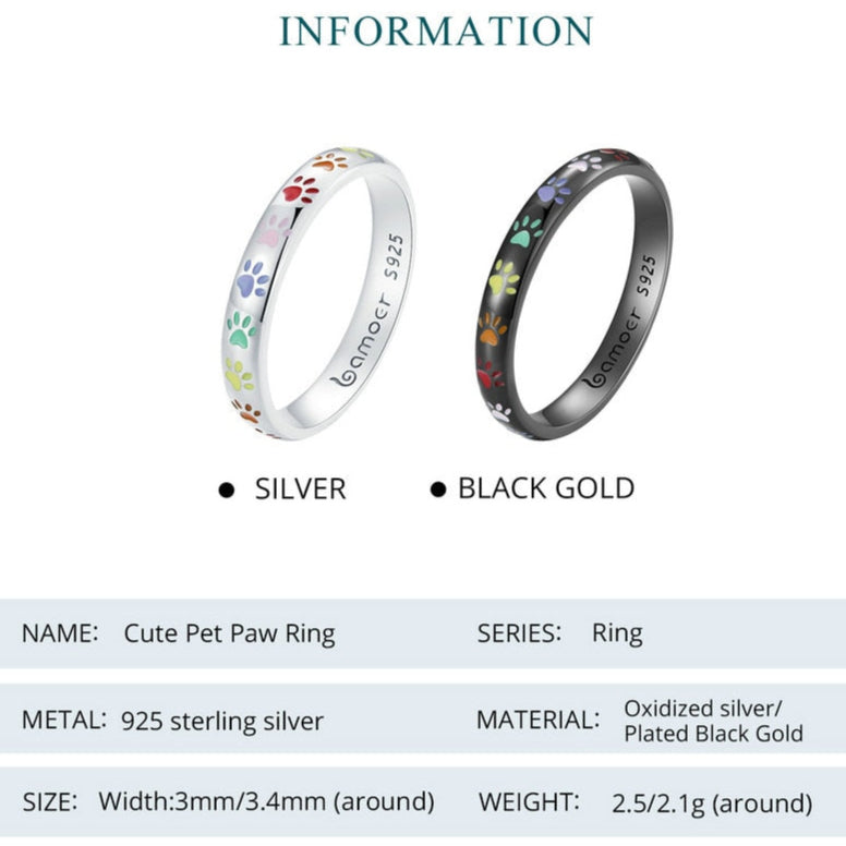 Rainbow Paw Print Sterling Silver Ring – Colorful Enamel Pet Tribute Band (Women's) - Promise Rings