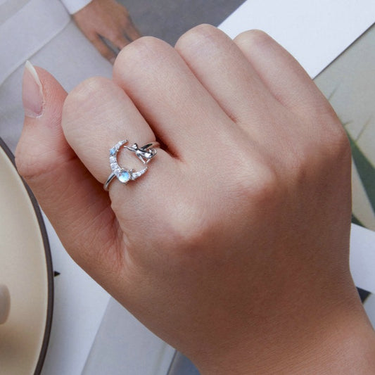 Cute Cat Playing Moon 925 Sterling Silver Moonstone Women's Ring - Promise Rings